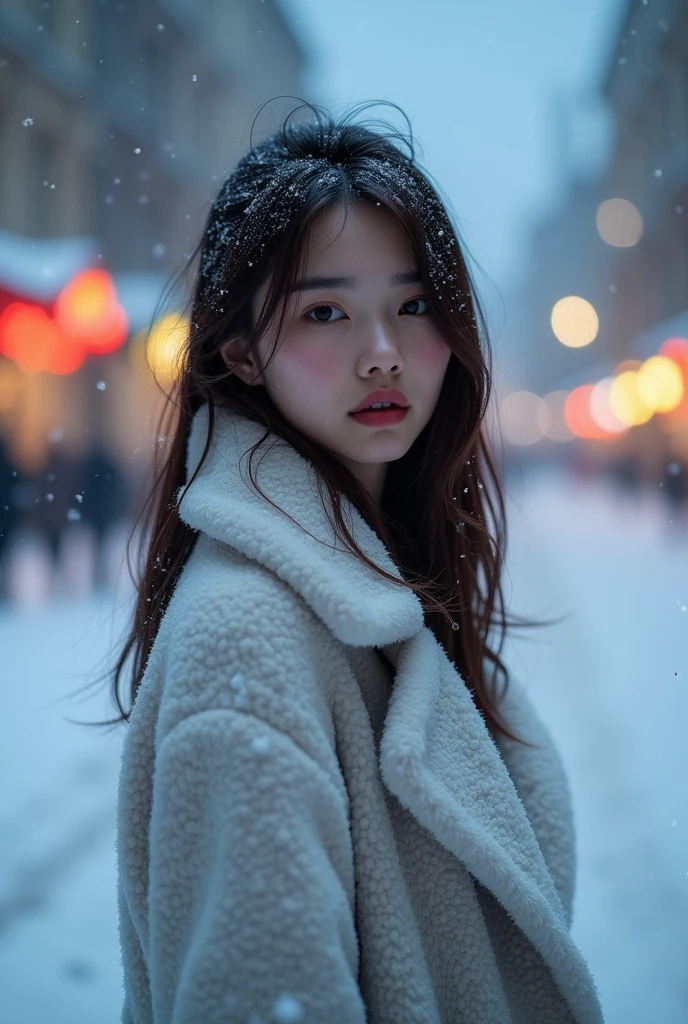 1girl in, (wear a platinum coat:1.2), (Raw photo, Best Quality), (Realistic, Photorealsitic:1.4), masutepiece, Extremely delicate and beautiful, Extremely detailed, 2k wallpaper, amazing, finely detail, the Extremely Detailed CG Unity 8K Wallpapers, Ultra-detailed, hight resolution, Soft light, Beautiful detailed girl, extremely detailed eye and face, beautiful detailed nose, Beautiful detailed eyes, Cinematic lighting, Illuminations coloring the city on a snowy night, Snowy landscape, It's snowing, Snow in the hair, Perfect Anatomy, Slender body, Taut,
Straight semi-long hair, Bangs, Looking at Viewer, A slight smil