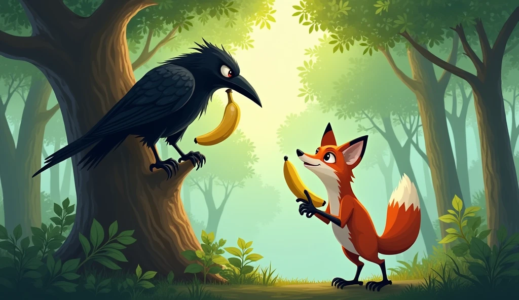 The crow looks a little suspicious., but flattered by the fox's praise. The banana was still held tightly in his beak.. crow on a tall tree, fox under the tree facing the crow.