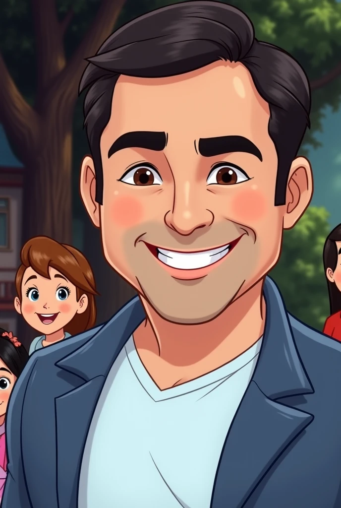 Use the same face of the man in the inspiration image, insert a woman into the scene, his wife and 3 children, everyone smiling like a happy family, use a house and trees as a background, create image in Disney character style