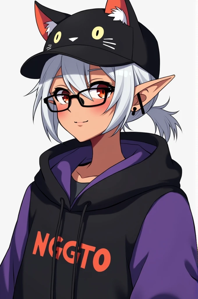 young man, Black skin tone, dark red eyes, elf ear small size, black earring in the shape of a cross but with two ears, wears prescription glasses, White hair, hair tied with ponytail, 2 strands of hair in the front, wears a black cap with a cat face, wears a closed hood with two different colors, black on one side and purple on the other, with an orange name written: NGGTO