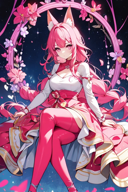 An adult woman with pink eyes, long bright pink hair with fox ears. Wears an elegant dress. She must be wearing a pink leggings. she comes from wonderland