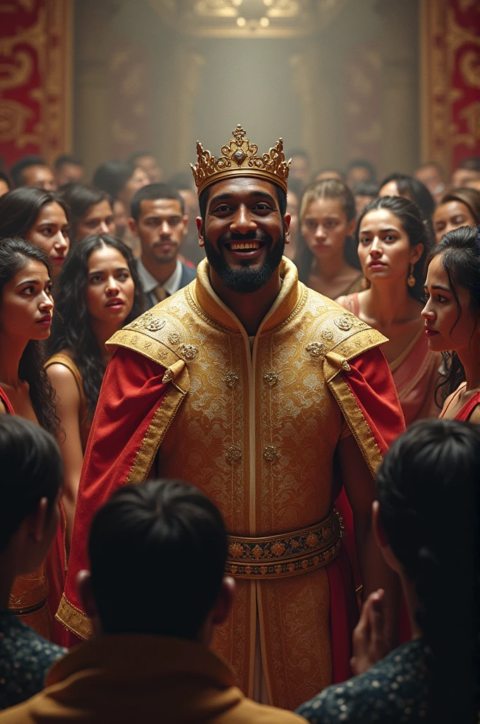 The king is smiling and the people are confused