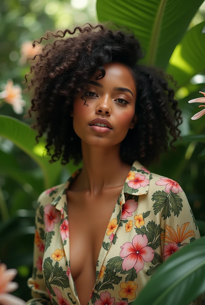 A Brazilian woman in a lush tropical garden, wearing an open shirt with a floral print, with a close-up capturing the harmonious beauty between her breasts and the natural flowers, showing off your natural charm and outgoing personality.