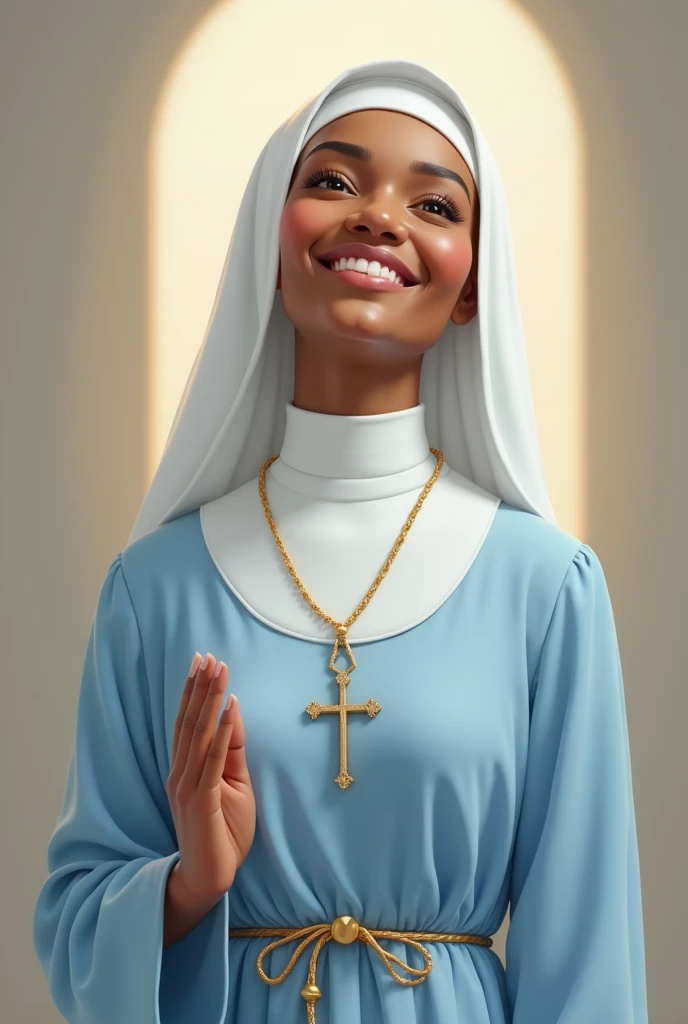 A young light brown nun with a white veil, no hair showing, wearing a sky blue habit dress, with cross neck necklace, rosary at the waist, calling with the hand, with a very beautiful smile