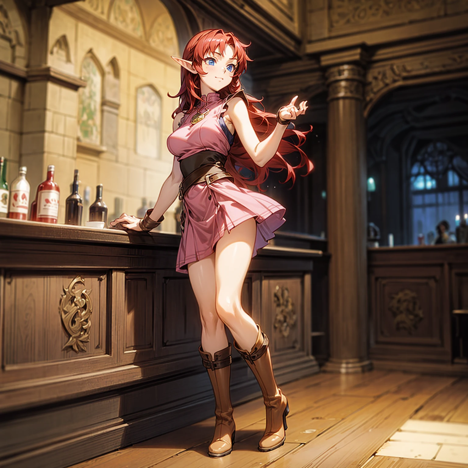 Solo character, full body version, girl, big breast, (elf), blue eyes, red color hair, long Curly hair, sleeveless dress, sexy dress, pink dress boots, indoor, bar, town, medieval, standing gesture, detailed background, detailed clothing, detailed hair, (Makoto shinkai style art), happy eyes 