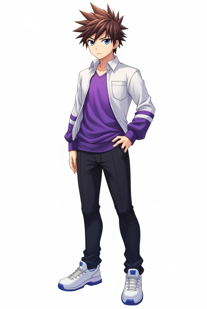 Create a male anime character with spiky brown hair, blue eyes, light skin, white shirt, purple top and purple sleeves, black pants and white shoes, and a white background.