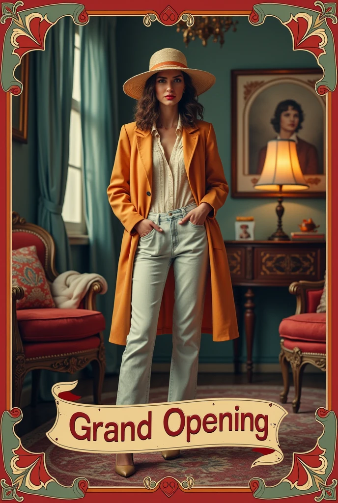 Make a poster promoting the opening of a vintage clothing store