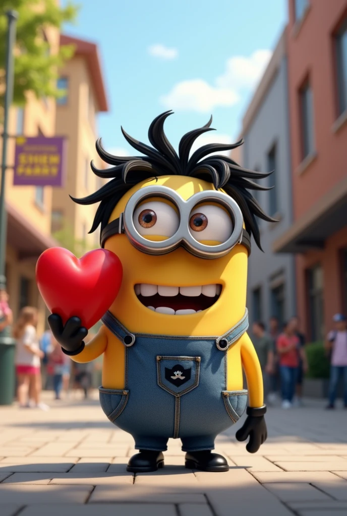 a minion with black hair in college and who says vote for box 1 and with a heart in his hand 