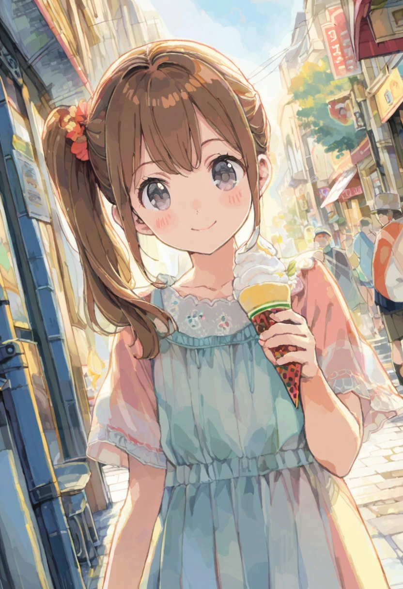 1girl,yo,brown hair,black eyes, (red round eyewear), side ponytail,smile, blushful, BREAK anime style, super fine illustration, highly detailed, dynamic angle, beautiful detailed, 8k, On a summer afternoon under the blazing sun in a city street, BREAK a woman is enjoying a cold gelato. BREAK Her skin shimmers in the sunlight, making her stand out in the vibrant and joyful scene. BREAK ((best quality, high resolution)), (delicate illustration), (pastelcolor style illustration:0.4), (watercolor style illustration:0.4), ((beautiful:1.3)), (tegaki),(anime key visual),4k,Perfect Anatomy,