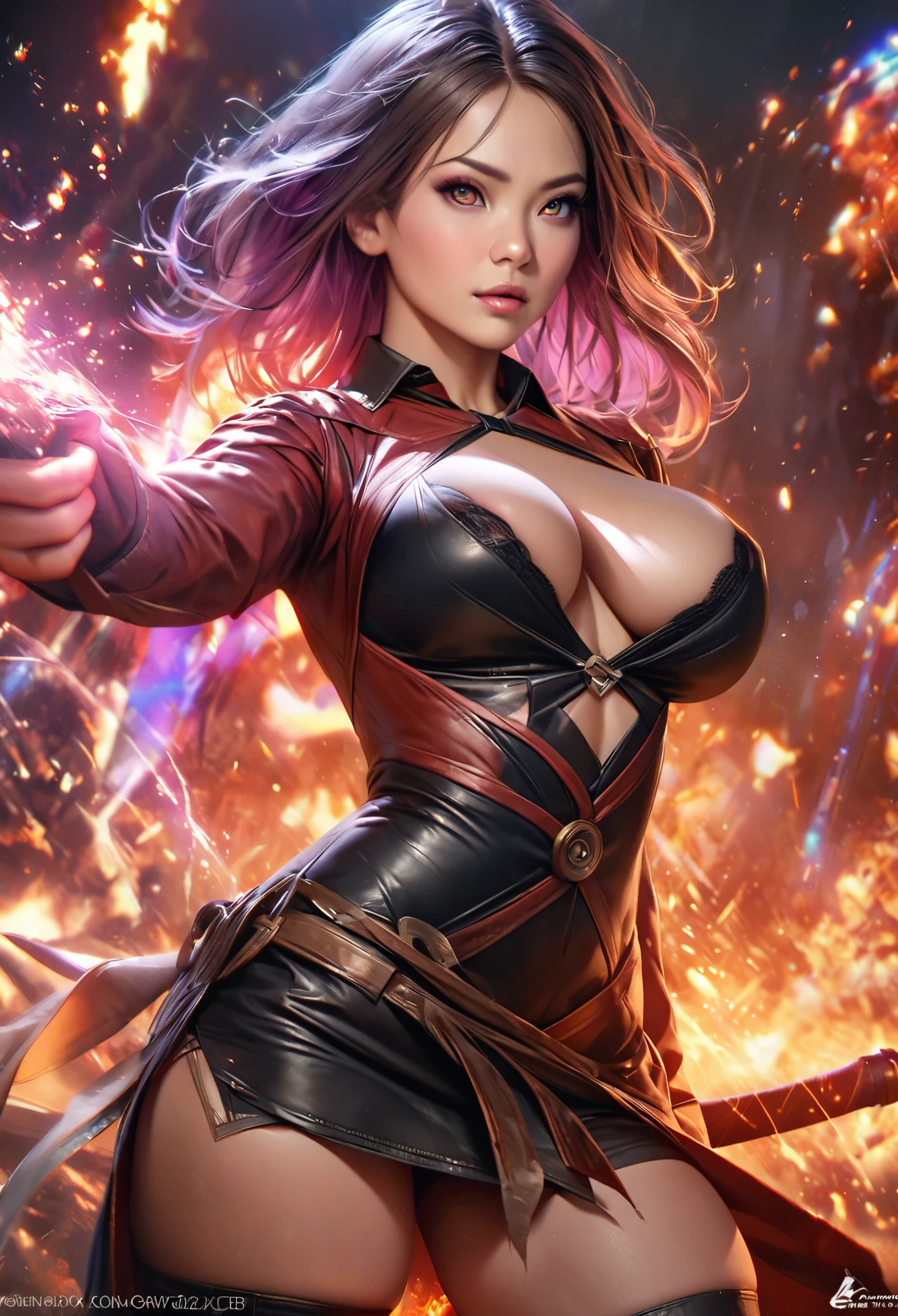 {best quality,4K,8k,highres,masterpiece:1.2),ultra-detailed,(realistic,photorealistic,photo-realistic、looking at the camera}、{Archer、Archer、Very large breasts、Covered nipples、extremely detailed eyes and face}、Flaming background、(Has a fire element、There are sparks、Has a bow)、vibrant colors、Thigh