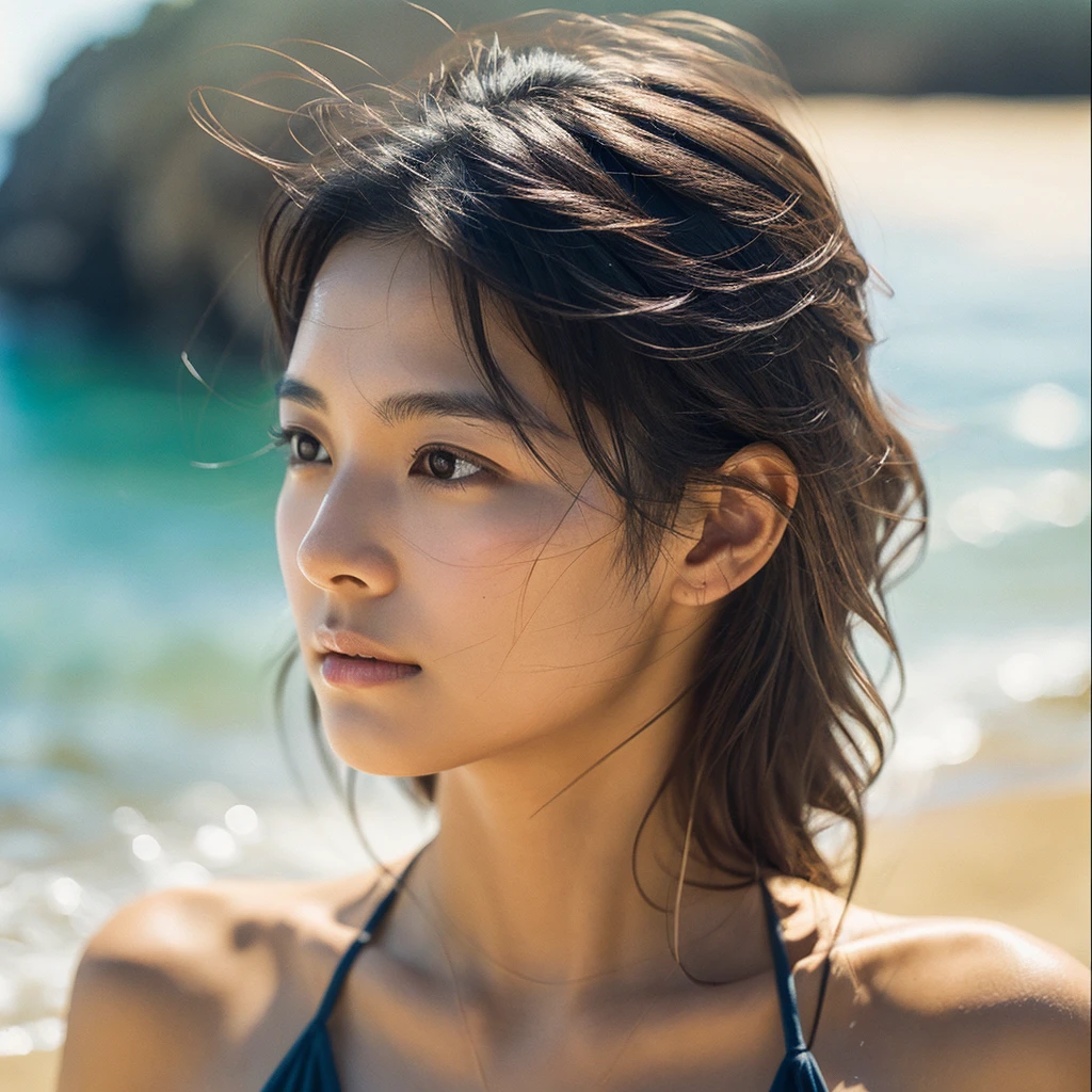 A hyper-realistic image of a single Japanese woman in her early 20s, captured with the nostalgic warmth and pronounced graininess of a film camera, showing her from the shoulders up as she stands on a sunlit beach. Her skin has a warm beige tone with a natural, visibly rough texture that includes pronounced pores, fine lines, and subtle imperfections such as small blemishes, slight unevenness, and a hint of sun exposure, contributing to the authenticity of her appearance. The texture of her skin is intentionally less smooth, with a tangible roughness that enhances the realism, making the surface appear slightly weathered by the elements. The soft, diffused natural light illuminates her face and shoulders with a gentle touch, casting shadows that subtly reveal the unevenness of her skin. Her straight, glossy black hair flows naturally in the ocean breeze, framing her face, and her deep brown eyes reflect the soft sunlight and the shimmering sea. The film camera effect amplifies the grain and texture, creating a warm, nostalgic atmosphere while maintaining the deliberately rougher, less polished texture of her skin. The composition, focused on her upper body, captures the serene elegance of the beach setting, highlighting the natural interaction of light and shadow on her skin. This combination of a rough, realistic skin texture, soft natural light, and the grainy film-like qualities ensures that the image presents an authentic, lifelike portrayal of the woman, centered on her face and shoulders.