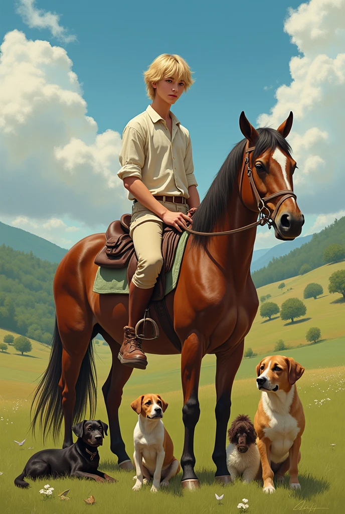 Create an image of a boy with blonde hair and bangs, bowl-style hair and tall height. With several dogs and birds around him and him on top of a brown horse. Don't make the image childish