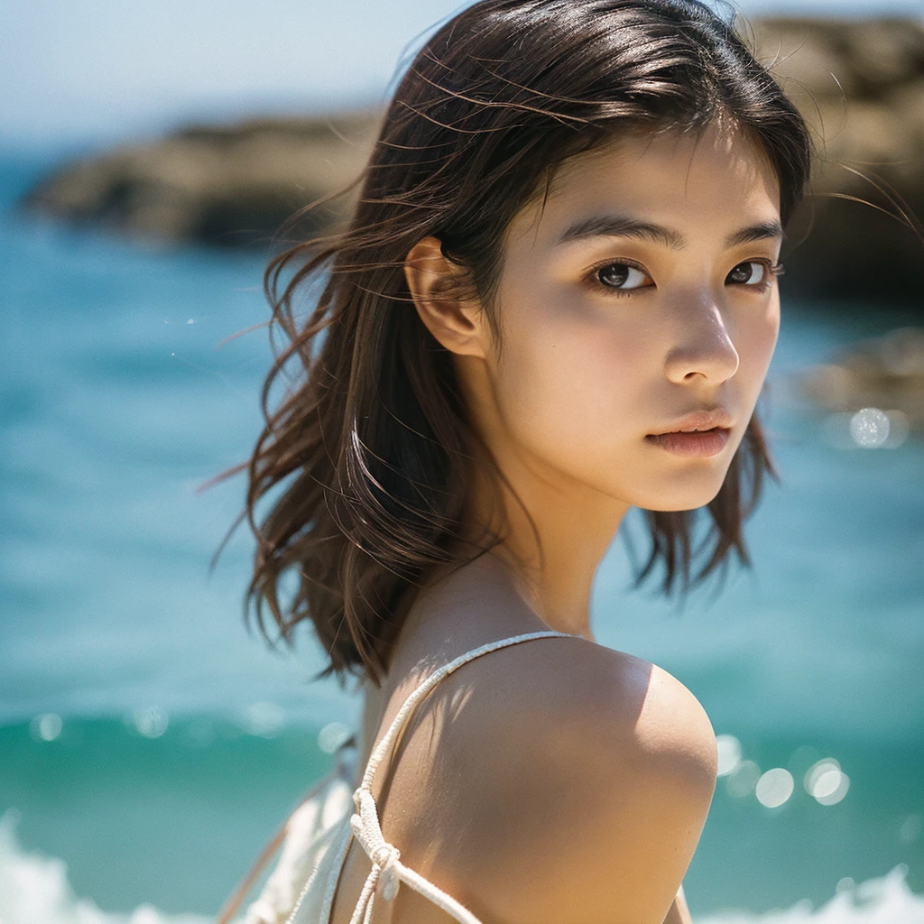 A hyper-realistic image of a single Japanese woman in her early 20s, captured with the nostalgic warmth and pronounced graininess of a film camera, showing her from the shoulders up as she stands on a sunlit beach. Her skin has a warm beige tone with a natural, visibly rough texture that includes pronounced pores, fine lines, and subtle imperfections such as small blemishes, slight unevenness, and a hint of sun exposure, contributing to the authenticity of her appearance. The texture of her skin is intentionally less smooth, with a tangible roughness that enhances the realism, making the surface appear slightly weathered by the elements. The soft, diffused natural light illuminates her face and shoulders with a gentle touch, casting shadows that subtly reveal the unevenness of her skin. Her straight, glossy black hair flows naturally in the ocean breeze, framing her face, and her deep brown eyes reflect the soft sunlight and the shimmering sea. The film camera effect amplifies the grain and texture, creating a warm, nostalgic atmosphere while maintaining the deliberately rougher, less polished texture of her skin. The composition, focused on her upper body, captures the serene elegance of the beach setting, highlighting the natural interaction of light and shadow on her skin. This combination of a rough, realistic skin texture, soft natural light, and the grainy film-like qualities ensures that the image presents an authentic, lifelike portrayal of the woman, centered on her face and shoulders.