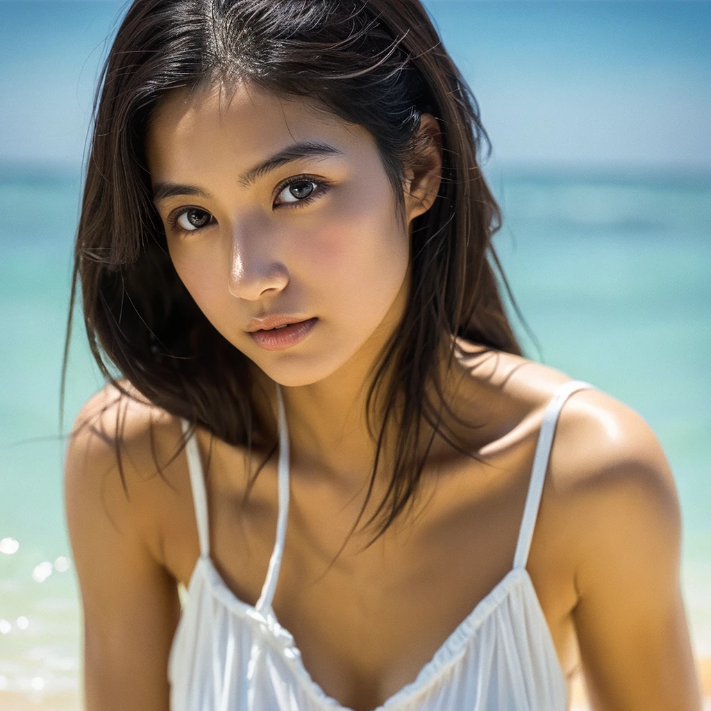 A hyper-realistic image of a single Japanese woman in her early 20s, captured with the nostalgic warmth and pronounced graininess of a film camera, showing her from the shoulders up as she stands on a sunlit beach. Her skin has a warm beige tone with a natural, visibly rough texture that includes pronounced pores, fine lines, and subtle imperfections such as small blemishes, slight unevenness, and a hint of sun exposure, contributing to the authenticity of her appearance. The texture of her skin is intentionally less smooth, with a tangible roughness that enhances the realism, making the surface appear slightly weathered by the elements. The soft, diffused natural light illuminates her face and shoulders with a gentle touch, casting shadows that subtly reveal the unevenness of her skin. Her straight, glossy black hair flows naturally in the ocean breeze, framing her face, and her deep brown eyes reflect the soft sunlight and the shimmering sea. The film camera effect amplifies the grain and texture, creating a warm, nostalgic atmosphere while maintaining the deliberately rougher, less polished texture of her skin. The composition, focused on her upper body, captures the serene elegance of the beach setting, highlighting the natural interaction of light and shadow on her skin. This combination of a rough, realistic skin texture, soft natural light, and the grainy film-like qualities ensures that the image presents an authentic, lifelike portrayal of the woman, centered on her face and shoulders.