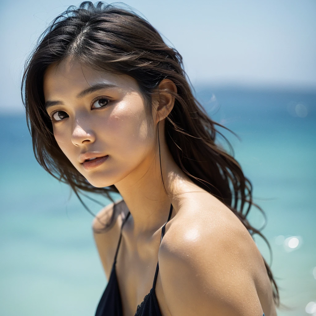 A hyper-realistic image of a single Japanese woman in her early 20s, captured with the nostalgic warmth and pronounced graininess of a film camera, showing her from the shoulders up as she stands on a sunlit beach. Her skin has a warm beige tone with a natural, visibly rough texture that includes pronounced pores, fine lines, and subtle imperfections such as small blemishes, slight unevenness, and a hint of sun exposure, contributing to the authenticity of her appearance. The texture of her skin is intentionally less smooth, with a tangible roughness that enhances the realism, making the surface appear slightly weathered by the elements. The soft, diffused natural light illuminates her face and shoulders with a gentle touch, casting shadows that subtly reveal the unevenness of her skin. Her straight, glossy black hair flows naturally in the ocean breeze, framing her face, and her deep brown eyes reflect the soft sunlight and the shimmering sea. The film camera effect amplifies the grain and texture, creating a warm, nostalgic atmosphere while maintaining the deliberately rougher, less polished texture of her skin. The composition, focused on her upper body, captures the serene elegance of the beach setting, highlighting the natural interaction of light and shadow on her skin. This combination of a rough, realistic skin texture, soft natural light, and the grainy film-like qualities ensures that the image presents an authentic, lifelike portrayal of the woman, centered on her face and shoulders.