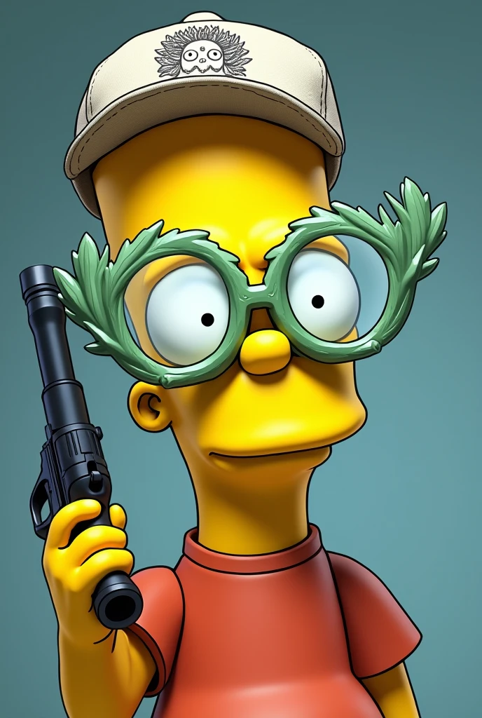 Bart Simpson with transparent artichoke-shaped glasses with a gun and a cap in the shape of a drawing