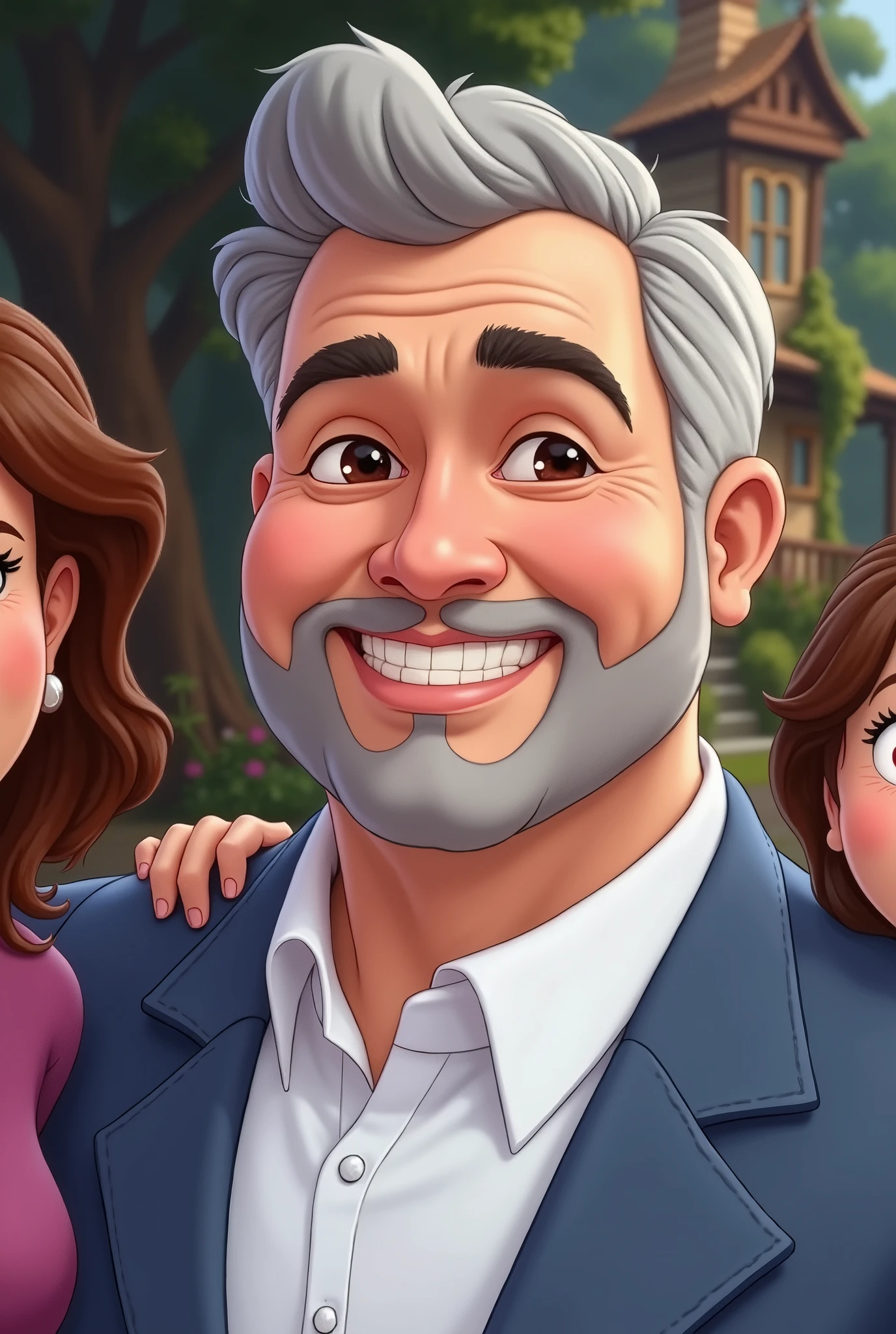 Use the same face of the man in the inspiration image, insert a woman into the scene, his wife and 3 children, everyone smiling like a happy family, use a house and trees as a background, create image in Disney character style