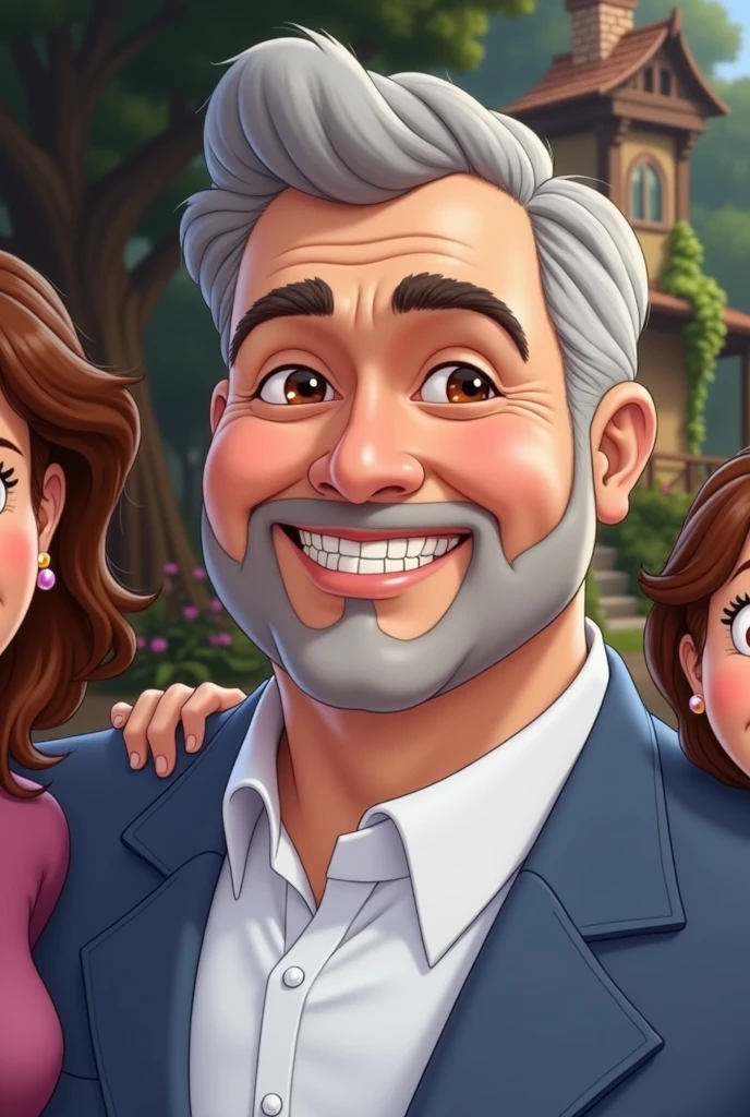 Use the same face of the man in the inspiration image, insert a woman into the scene, his wife and 3 children, everyone smiling like a happy family, use a house and trees as a background, create image in Disney character style