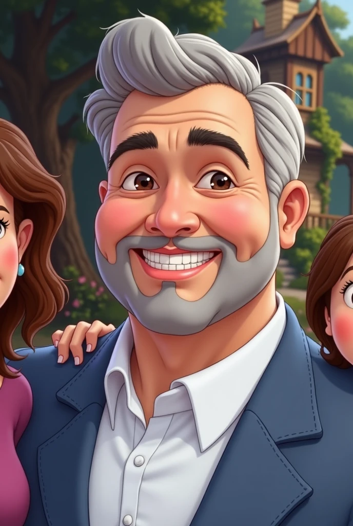 Use the same face of the man in the inspiration image, insert a woman into the scene, his wife and 3 children, everyone smiling like a happy family, use a house and trees as a background, create image in Disney character style