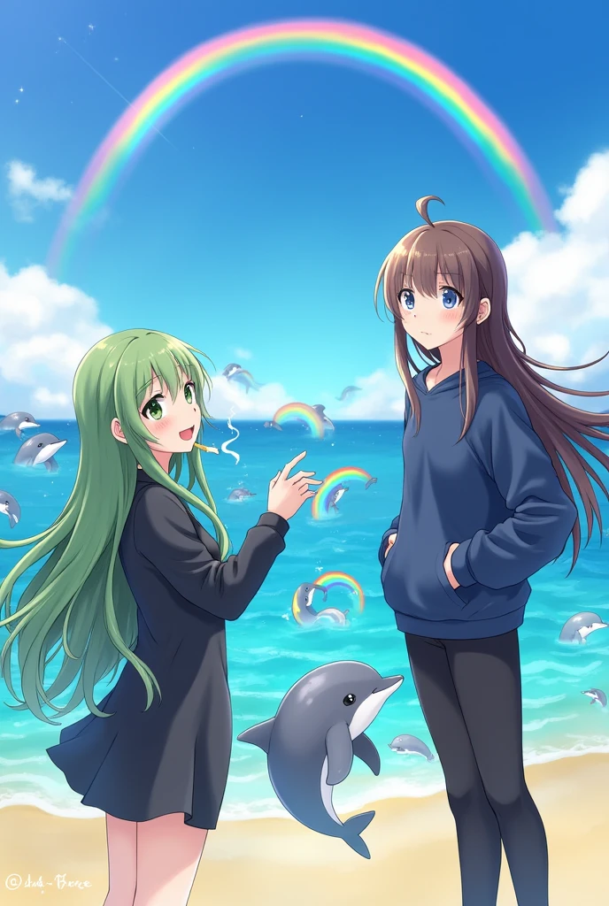 Rainbow dolphins, in a beach, bright rainbow in the background, Bright sea, anime girl, Long green hair, green eyes, Pale skin, long black shirt, black shorts, happy face, high quality, segunda anime girl, long brown hair, gray cap, dark blue sweatshirt, Black pants,  green eyes, smoking cigarette