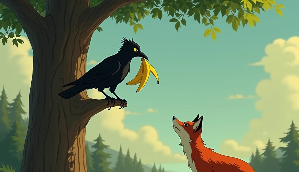 The crow looks a little suspicious., but flattered by the fox's praise. The banana was still held tightly in his beak.. crow on a tall tree, fox under the tree facing the crow. the fox has no bananas.