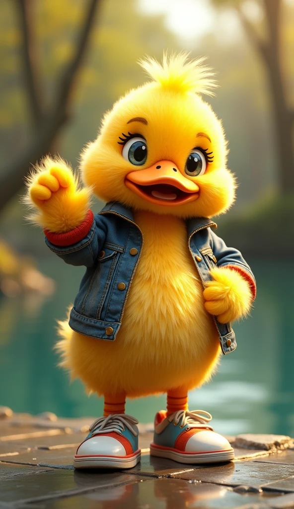 A Yellow Fluffy Duck with Raised Hand, Wearing a Jacket and Sneakers, Adorable, Highly Detailed, Photorealistic, 8K, Studio Lighting, Vibrant Colors, Dynamic Pose, Soft Feathers, Expressive Eyes, Detailed Texture, Realistic Materials, Whimsical, Charming, Playful, Touching, Exciting, Background of a Pond.