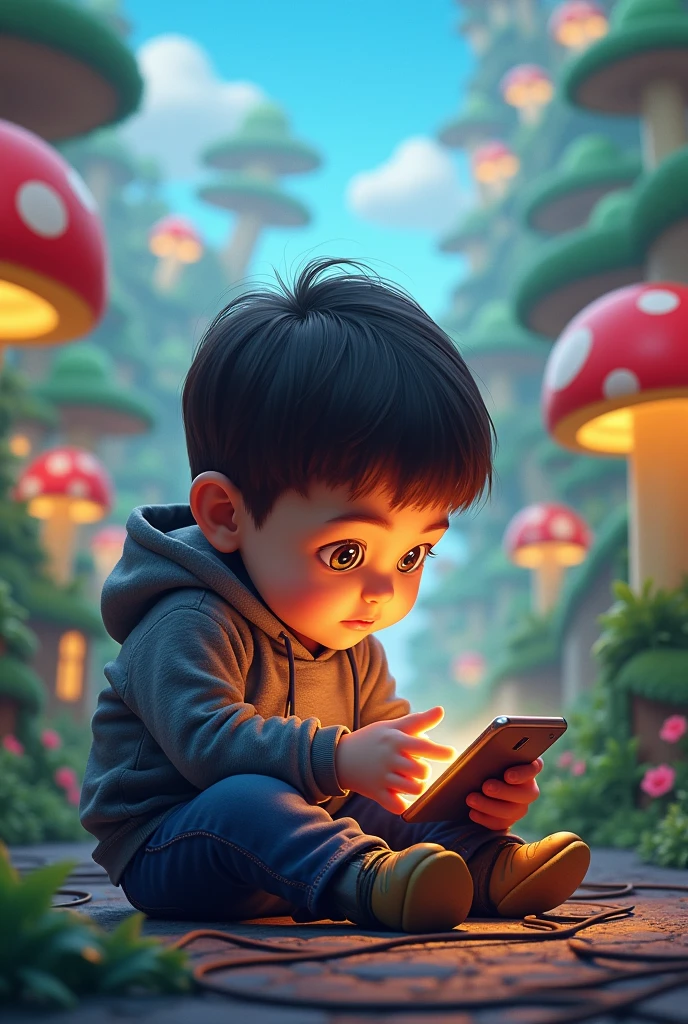 A child addicted to cell phones in the Mario Kart graphic