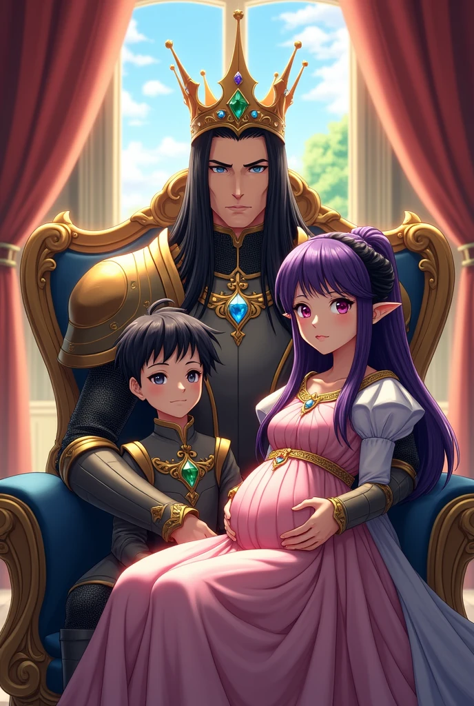 Royal portrait, Male character with long straight black hair, with RAF blue eyes, wearing armor and crown with inlaid emeralds, with a serious look, firm pose, while putting a hand on the shoulder of his son the human prince, purple hair, RAF blue eyes, next to the prince is his younger sister, an elf dressed as a princess with a pink and white dress, straight black hair and fuchsia pink eyes, next to them is his mother, pregnant woman pointy ears, purple hair, black horns, fuchsia pink eyes, elegant pose, elegantly dressed as a queen, wearing her crown, all sitting in an armchair, with a window in the back, with a beautiful background, looking at the camera, detailed , daytime, sun rays, ultra detailed photography, 4k quality lighting, high resolution, masterpiece, anime style