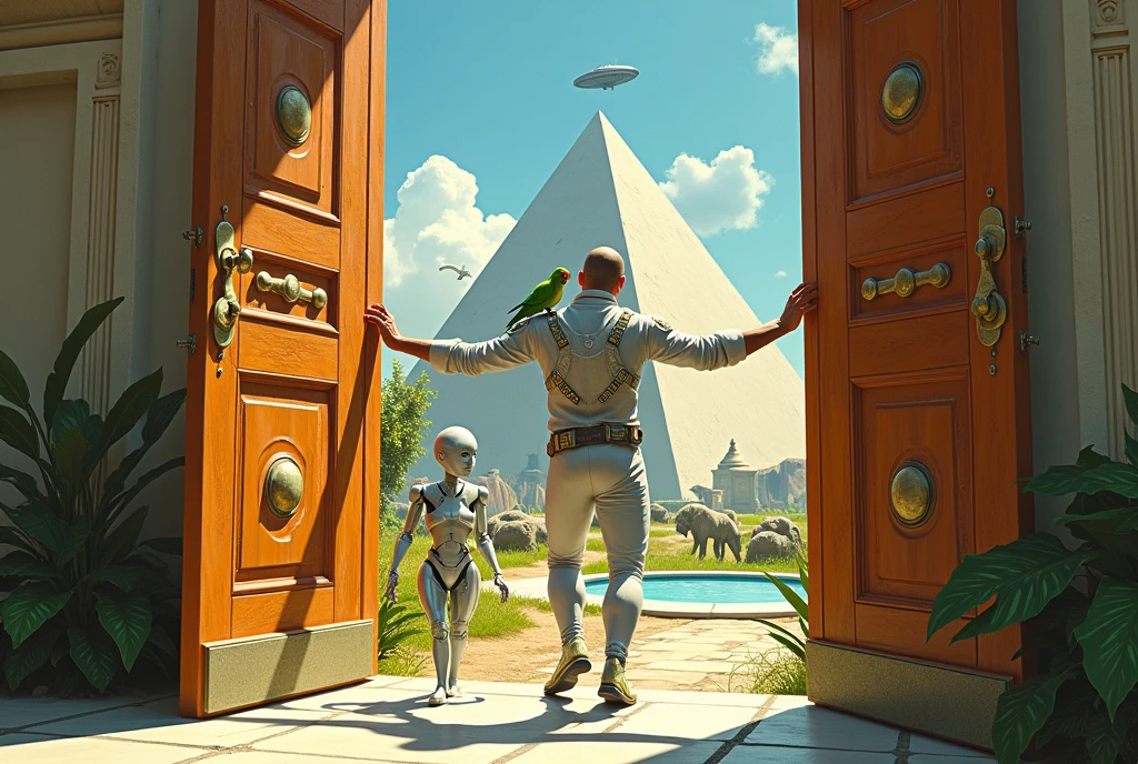 Un homme avec des vêtements futuristes pousse des deux mains des portes futuristes avec des figures géométriques de couleurs différentes sur la porte et devant lui une pyramide avec de l'herbe et des animaux ,le tout ressemblent à la peinture que j'ai publié et un robot et à côté devant une des portes et le personnage caucasien avec un Péroqué sur l'épaule et un aspect baroque est légèrement ajouté une soucoupe volante est ajouté et un extra terrestre petit gris,le personnage se tient droits les jambes légèrement écartées en poussant les portes,des vêtements plus modernes et une fontaine d'eau et les motifs géométriques évoluent sur les portes comme le raffinement, les animaux et robot