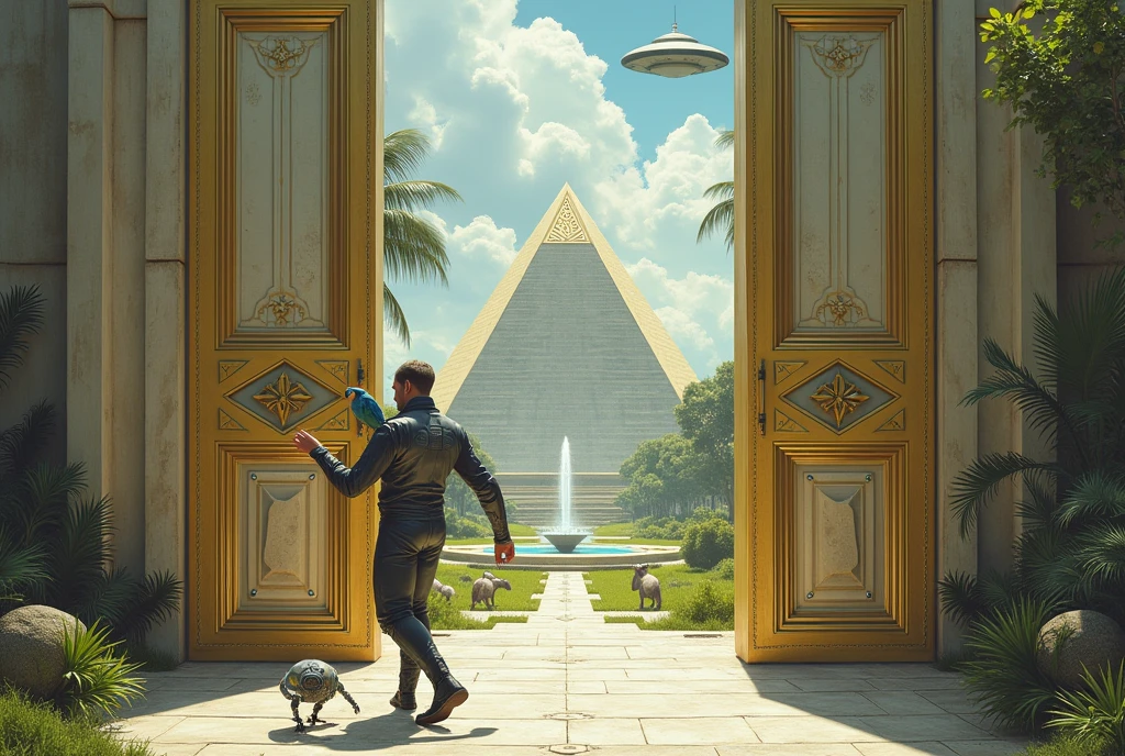 Un homme avec des vêtements futuristes pousse des deux mains des portes futuristes avec des figures géométriques de couleurs différentes sur la porte et devant lui une pyramide avec de l'herbe et des animaux ,le tout ressemblent à la peinture que j'ai publié et un robot et à côté devant une des portes et le personnage caucasien avec un Péroqué sur l'épaule et un aspect baroque est légèrement ajouté une soucoupe volante est ajouté et un extra terrestre petit gris,le personnage se tient droits les jambes légèrement écartées en poussant les portes,des vêtements plus modernes et une fontaine d'eau et les motifs géométriques évoluent sur les portes comme le raffinement, les animaux et robot