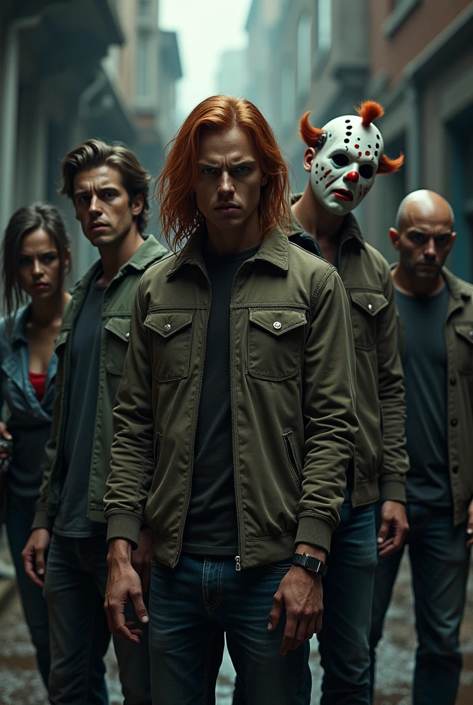 a gang of 5 people in street clothes with screaming faces , Jason from Friday the 13th, chucky, the clown from the movie that, and Freddy Krueger