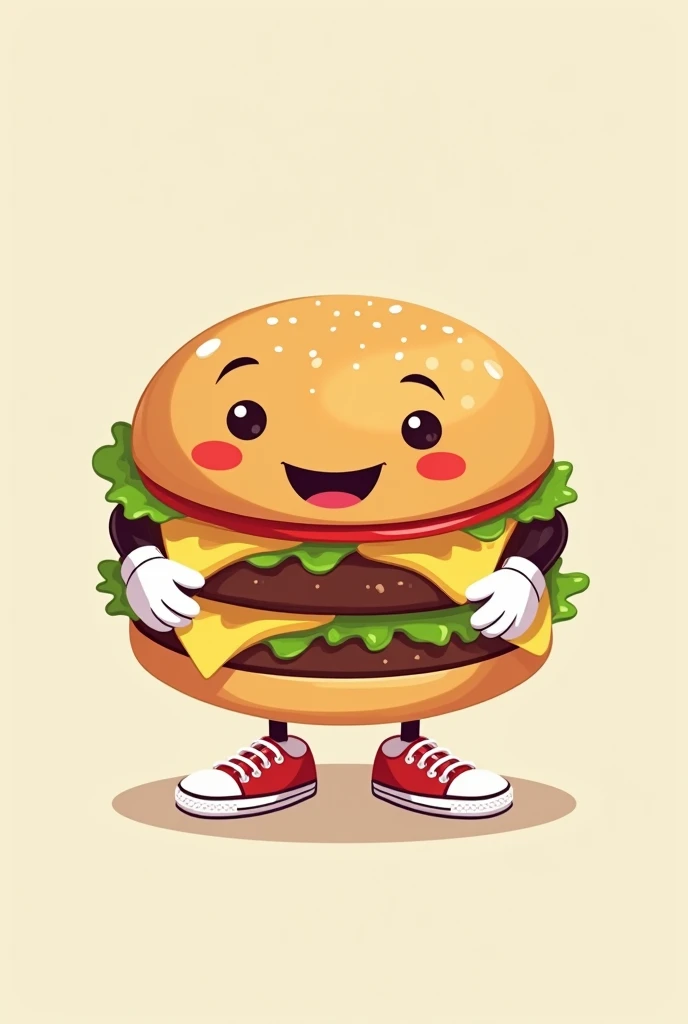 Simple 2D burger with cartoon face, hands with white gloves and feet with tennis shoes 