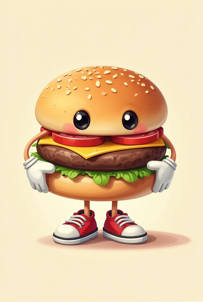 Simple 2D burger with cartoon face, hands with white gloves and feet with tennis shoes
