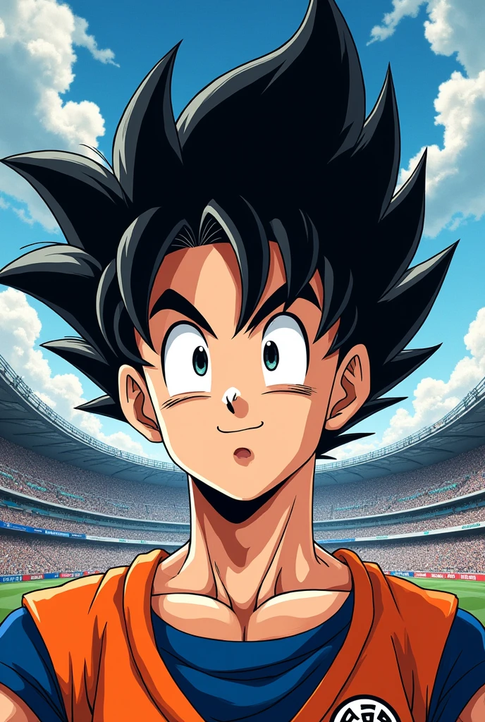 Une photo de profil manga dragon ball, with my head on it dragon ball style, the Santiago bernabeau in the background, Elb_erwane écrit dan sla police dragon ball