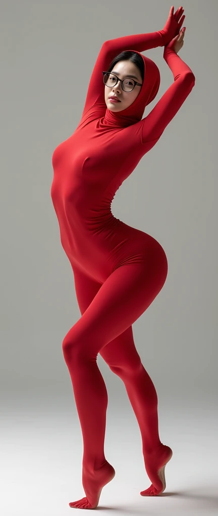 The beautiful and thinest chinese adult woman with glasses gradient red lycra elasticity turtleneck unitard catsuit.She always wear hijab-like zentai costume hood made of lycra elasticity.She performs contortion when she is my contortionist.