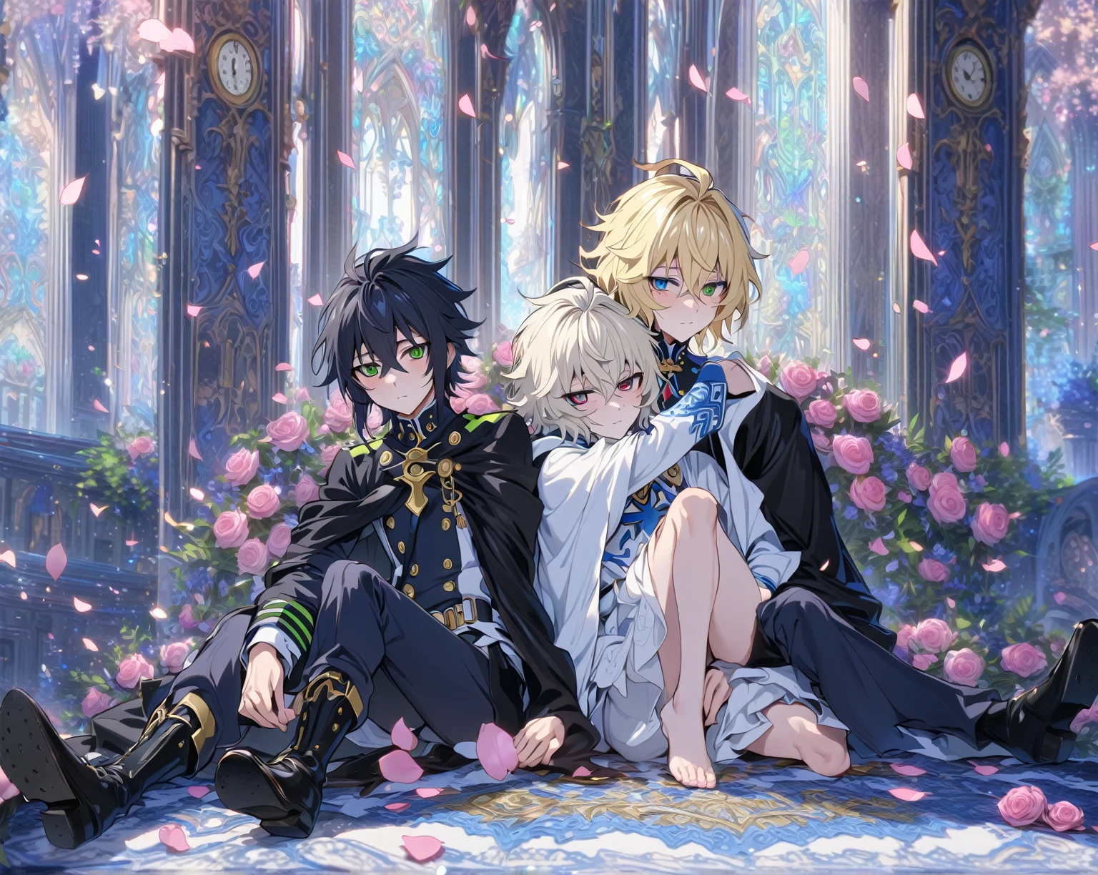 absurdres, highres, ultra detailed, HDR, masterpiece, extremely detailed face and eyes, perfect face, Hyakuya Mikaela, blonde hair, expressive blue eyes, Owari No Seraph, Hyakuya Yuuichirou, black hair, expressive green eyes, two men together, gay couple, yaoi, handsome, sitting, white clothes, black clothes, white cape, black cape, patterns, pink roses, petals, in woderland, clock, church