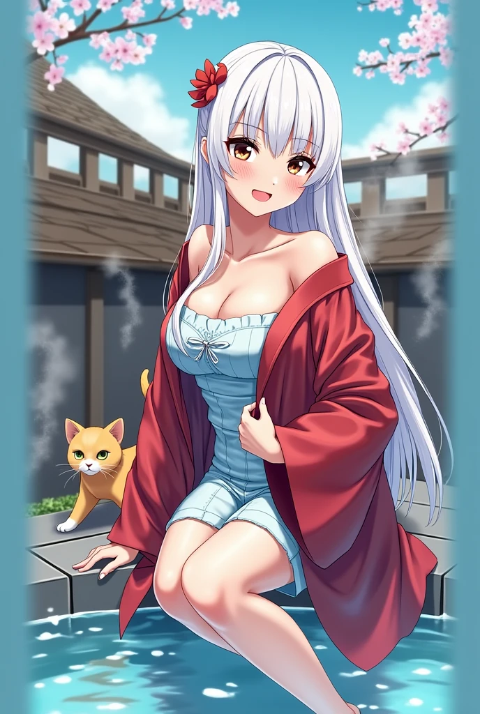 1 girl(masterpiece,top quality,best quality,official art,Beauty and aesthetics:1.2),silky smooth white hair,brown eyes,long hair,flower in hair, tall figure,enchanted,enchanting,Flushed complexion, playful expression, super gigantic breasts,Breasts larger than the head,Red and white kimono, clogs,Off the shoulders,detailed cleavage,Sitting on the stone steps by the water of a hot spring, steam over the water, thigh exposed, small orange tabby cat passing by behind her, soft hands, defined nails, white eye lashes, Cherry blossoms are in bloom,