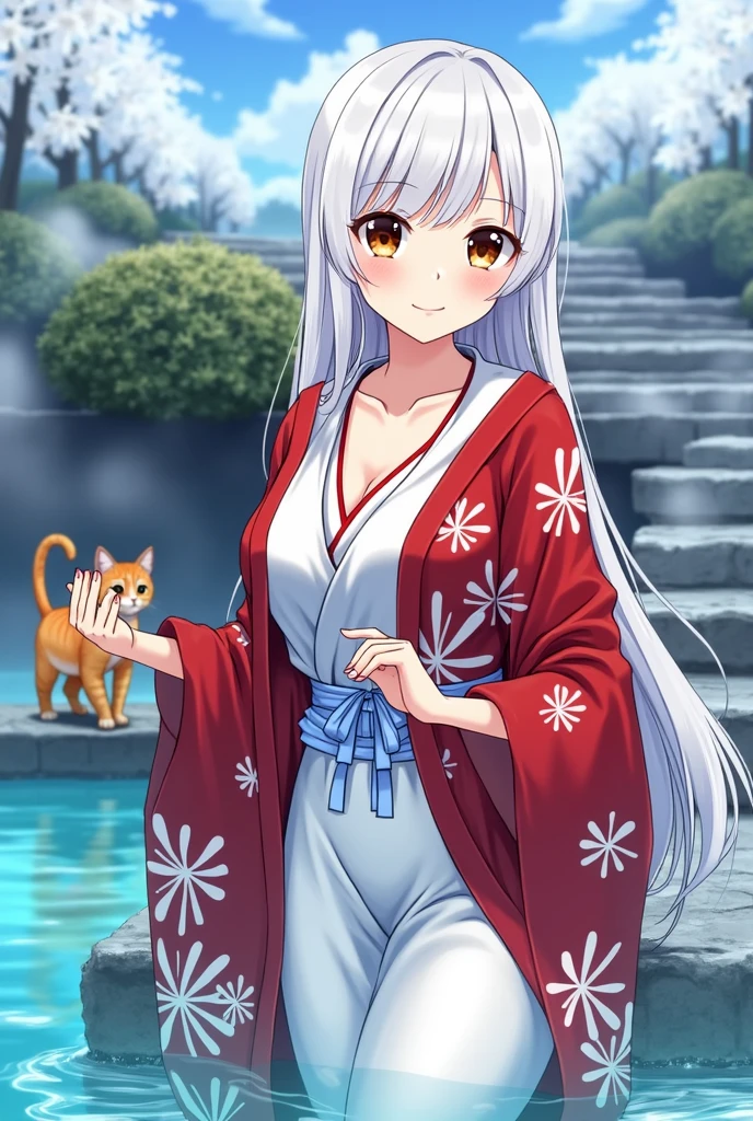 1 girl（masterpiece，top quality，best quality，official art，Beauty and aesthetics：1.2），silky smooth white hair，brown eyes，long hair，flower in hair, tall figure，enchanted，enchanting，Flushed complexion, playful expression, super gigantic breasts，Breasts larger than the head，Red and white kimono, clogs，Off the shoulders，detailed cleavage，Sitting on the stone steps by the water of a hot spring, steam over the water, thigh exposed, small orange tabby cat passing by behind her, soft hands, defined nails, white eye lashes, Cherry blossoms are in bloom, 