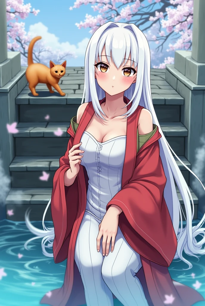 1 girl(masterpiece,top quality,best quality,official art,Beauty and aesthetics:1.2),silky smooth white hair,brown eyes,long hair,flower in hair, tall figure,enchanted,enchanting,Flushed complexion, playful expression, super gigantic breasts,Breasts larger than the head,Red and white kimono, clogs,Off the shoulders,detailed cleavage,Sitting on the stone steps by the water of a hot spring, steam over the water, thigh exposed, small orange tabby cat passing by behind her, soft hands, defined nails, white eye lashes, Cherry blossoms are in bloom,