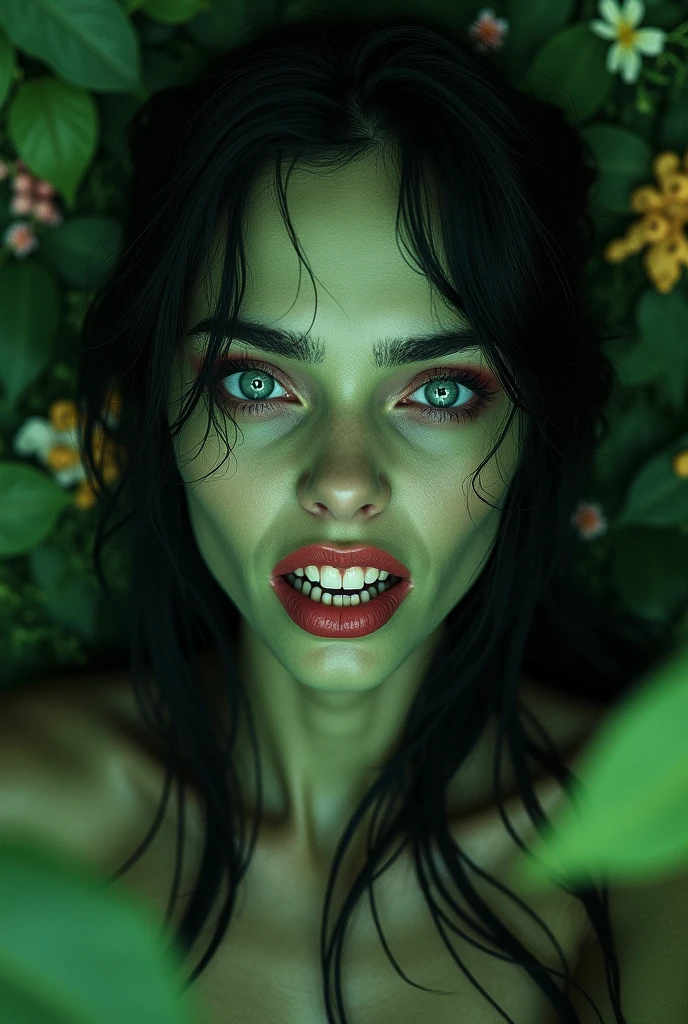 Hair Censor, ((green skin)), 1 girl, solo, beautiful detailed eyes, beautiful detailed, detailed light, dynamic angle, dynamic lighting, detailed face, long hair, black hair, (goblin girl), tousled hair, long hair, black hair, best quality, masterpiece, work of art, maximum detail, perfection, clearing, flower background, (looking up at viewer), sharp teeth, (crazy look), horror