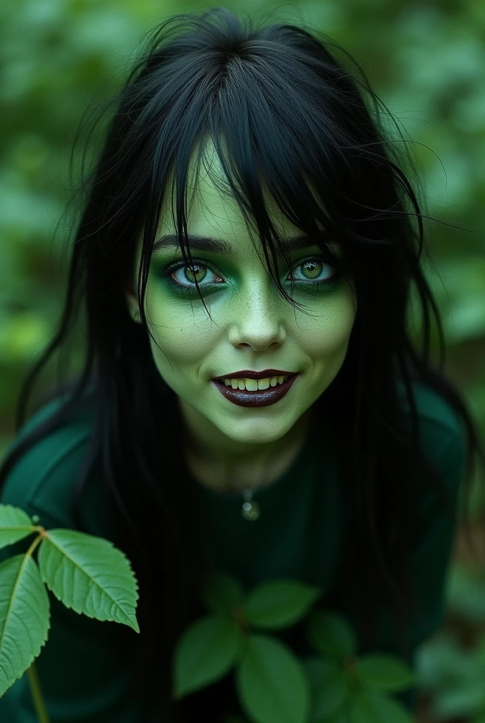 Hair Censor, ((green skin)), 1 girl, solo, beautiful detailed eyes, beautiful detailed, detailed light, dynamic angle, dynamic lighting, detailed face, long hair, black hair, (goblin girl), tousled hair, long hair, black hair, best quality, masterpiece, work of art, maximum detail, perfection, clearing, flower background, (looking up at viewer), sharp teeth, (crazy look), horror