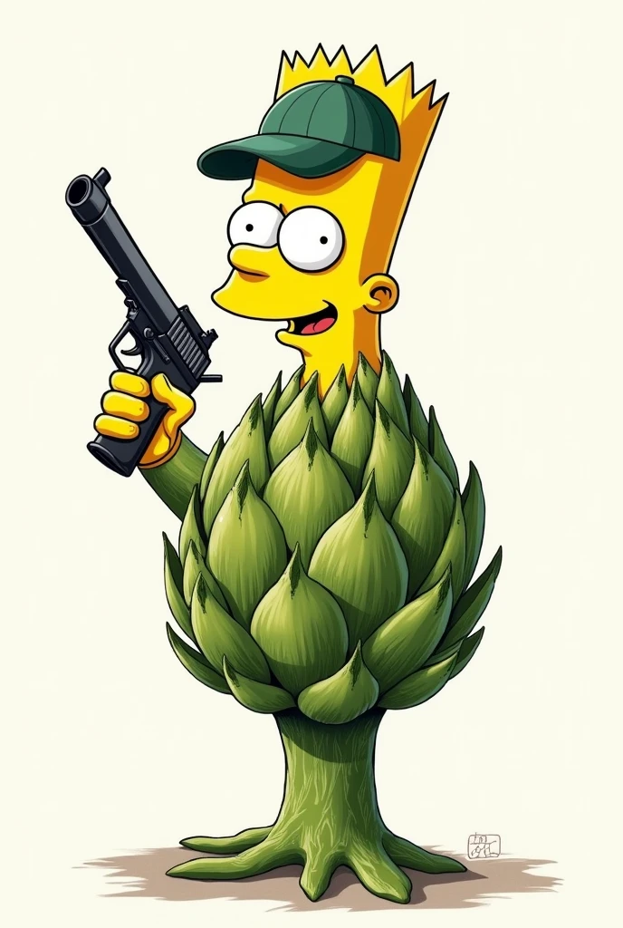 Bart simpson in the form of an artichoke with a gun and a cap in the form of a drawing