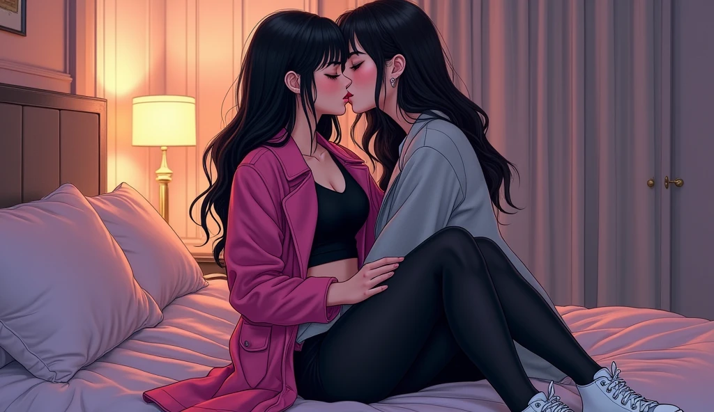 Two young womens, long black hairs, yuri, lesbian

The first young women black eyes wear a pink coat, black shirt, black pencil skirt, black underpants, black tights, white socks, white sneakers high top.

The second young women black eyes wore a grey coat, black shirt, black pencil skirt, black underpants, black tights, white socks, white sneakers high top.

french kiss, lesbian kiss, hugging, sensual body, closed eyes, use one hand insert fingers into pussy through the black pencil skirt, bedroom, cartoon novel, 4K, HD