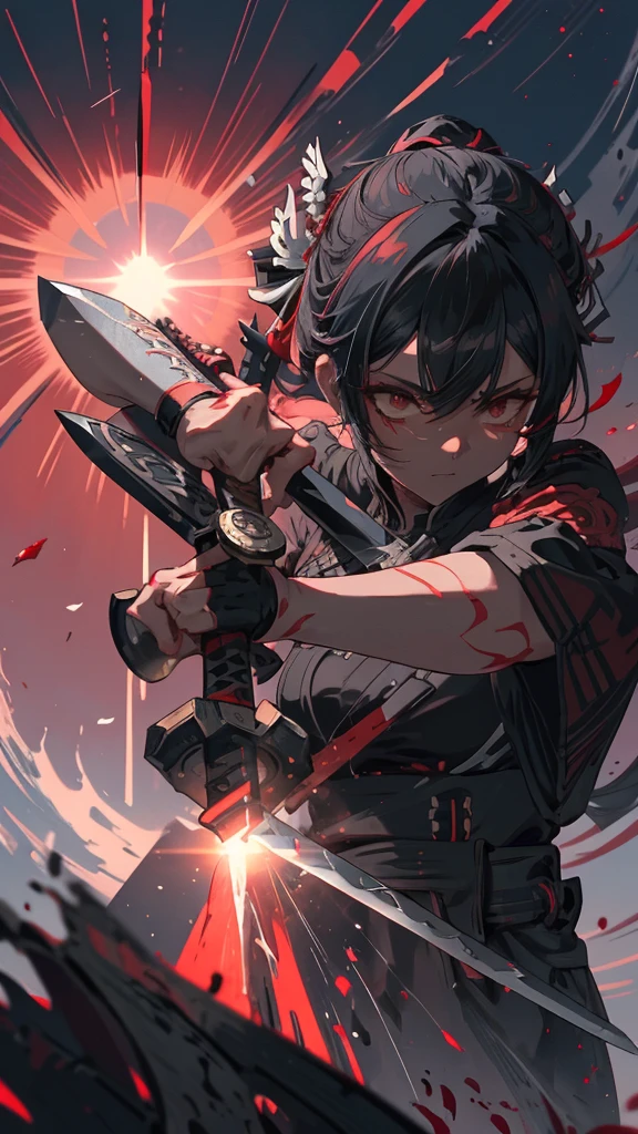 Close-up of a person holding a sword in front of a red sun, knife, Works inspired by Kano Hogai, dramatic wielding knife pose, Amazing anime 8k, she is holding a knife sword, unsheathing her knife, Demon Slayer Louis Fan Art, inspired by Kanō Sanraku, knife zero