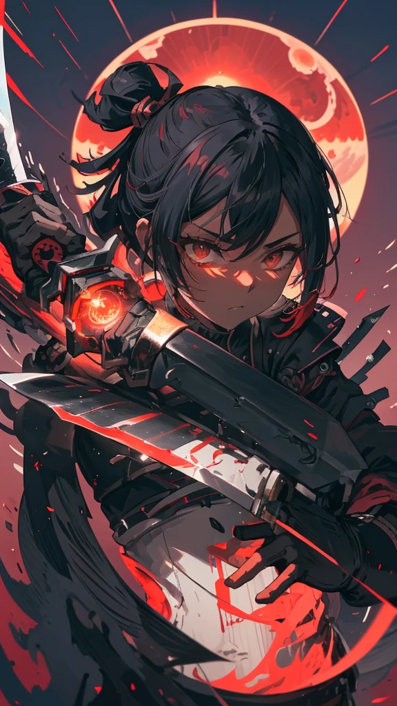 Close-up of a person holding a sword in front of a red sun, knife, Works inspired by Kano Hogai, dramatic wielding knife pose, Amazing anime 8k, she is holding a knife sword, unsheathing her knife, Demon Slayer Louis Fan Art, inspired by Kanō Sanraku, knife zero