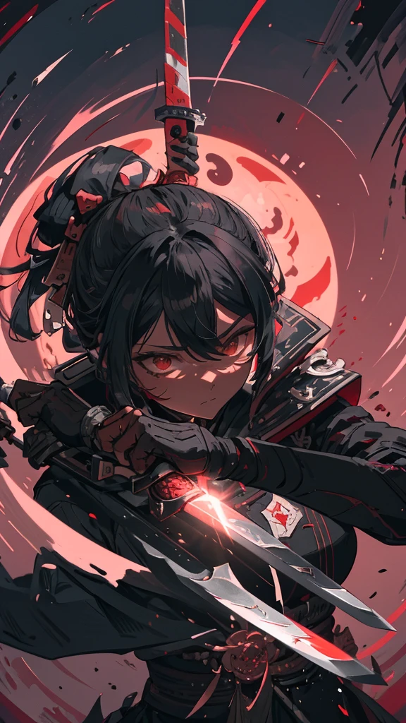 Close-up of a person holding a sword in front of a red sun, knife, Works inspired by Kano Hogai, dramatic wielding knife pose, Amazing anime 8k, she is holding a knife sword, unsheathing her knife, Demon Slayer Louis Fan Art, inspired by Kanō Sanraku, knife zero