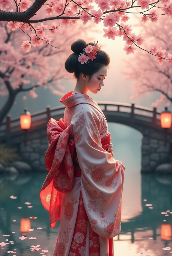 A serene and elegant geisha adorned in a vibrant, multi-layered kimono that shimmers with the soft hues of a setting sun, standing beneath a canopy of sakura trees in full bloom. Her hair is meticulously styled with an ornate kanzashi, or hairpin, and a few loose strands frame her delicate face. The sakura blossoms, a symbol of beauty and transience, form a pinkish-white backdrop that contrasts with the emerald foliage of the surrounding trees. The petals are scattered across the ground like confetti, creating a soft, blushing carpet that she stands upon. Her gaze is introspective, slightly downcast, as if lost in the whispers of ancient traditions that resonate through the air. A traditional wooden bridge arches over a still pond reflecting the pastel colors of the blossoms and the geisha's graceful silhouette. The water's surface is undisturbed, save for the occasional ripple caused by a fallen petal, mirroring the tranquil scene above. Lanterns, strung from the branches of the trees, cast a warm, golden glow across the composition, adding a touch of festivity to the otherwise serene atmosphere. The scene is bathed in the ethereal light of early evening, with the last rays of the sun filtering through the cherry blossoms, imbuing the entire image with a soft, dreamy quality that seems to blur the lines between reality and myth. The geisha's porcelain skin, the intricate patterns of her kimono, and the delicate blossoms all harmonize to create a visual symphony of Japanese culture and nature's fleeting beauty.