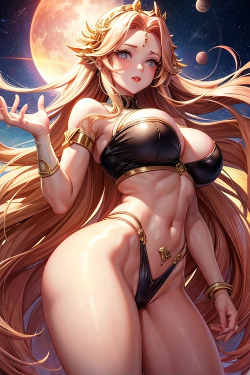 goddess bright eyes long golden hair red lips pink makeup athletic body slim waist big breasts big buttocks. playing with the planets
