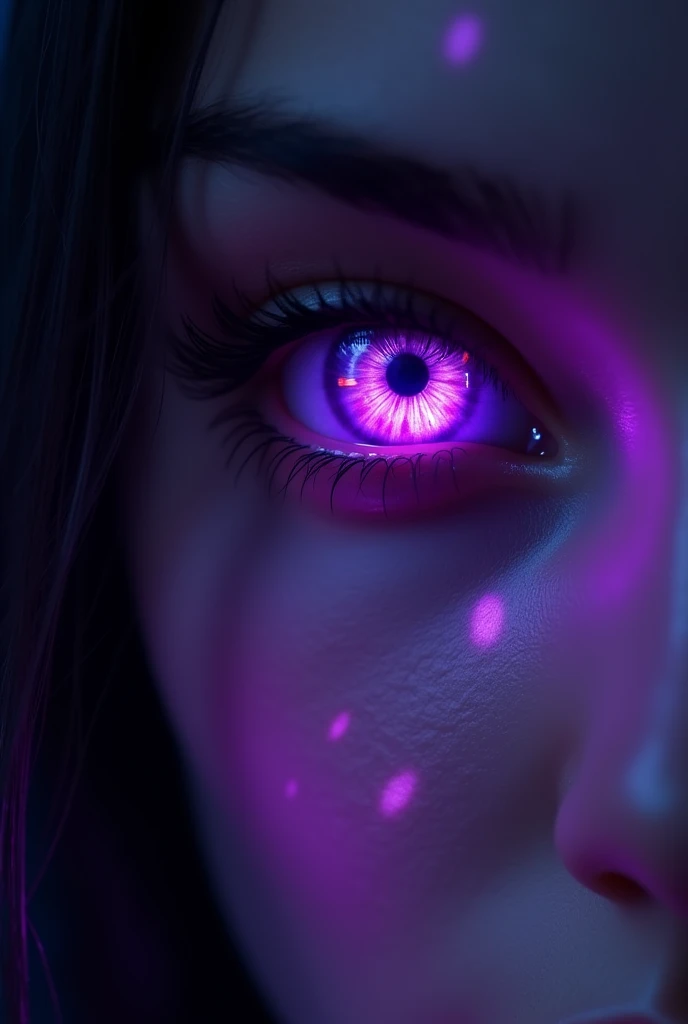Hypnotized eye of a girl with purple lighting