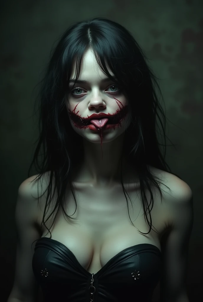 a painting of a woman with a blank stare, her face pale, and thick black blood flowing from her eyes. His lips curved in a thin smile that was so scary that it frightened anyone who saw it